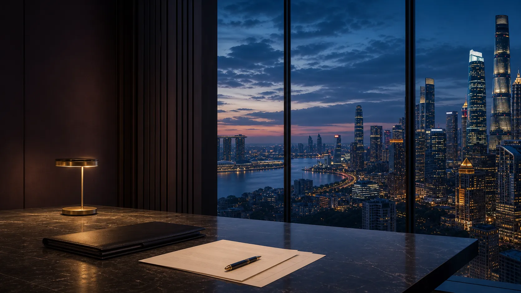 Advisory workspace overlooking Singapore's financial district